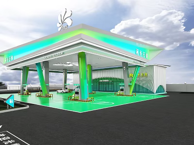 Modern Green Gas Station With Canopy Columns Green Floor And Vehicle Design 3d model