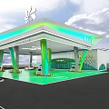 Modern Green Gas Station With Canopy Columns Green Floor And Vehicle Design