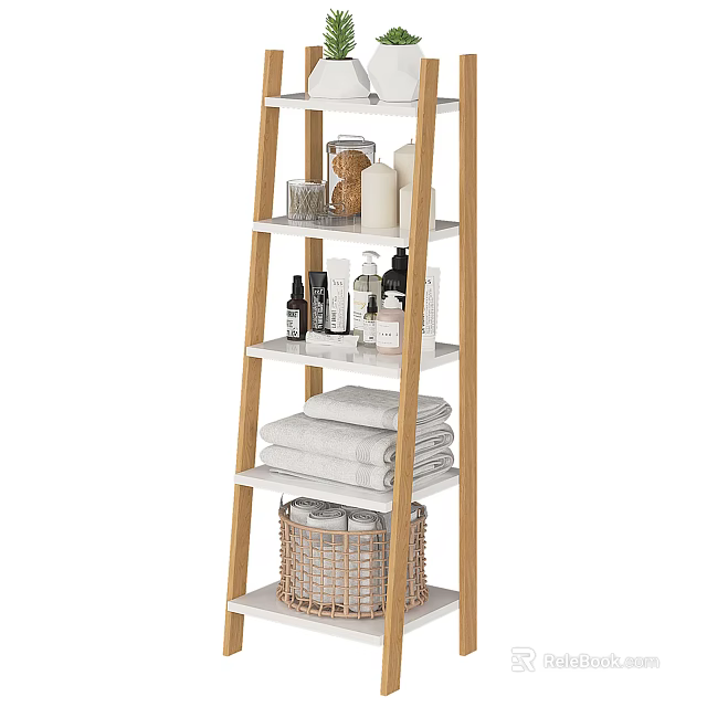 Elegant Wooden Multi tiered Bathroom Shelf With Towels Toiletries And Storage Basket 3d model 