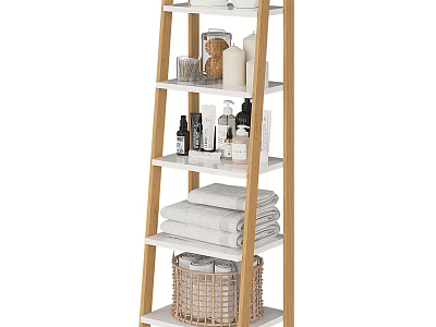 Elegant Wooden Multi tiered Bathroom Shelf With Towels Toiletries And Storage Basket 3d model