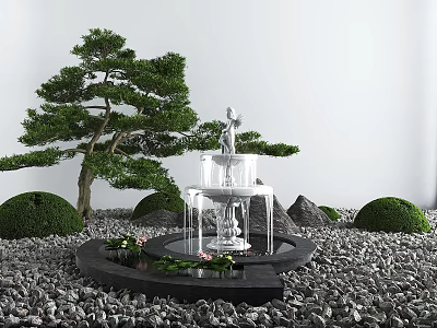 Courtyard Garden With White Fountain Pine Tree Green Shrubs Black Pool And Water Lilies 3d model