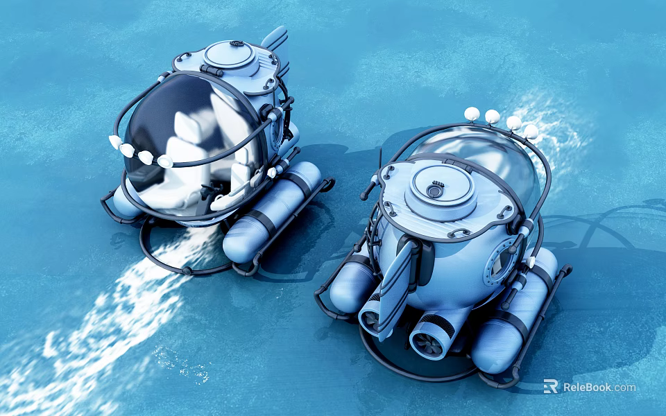 Two Warships With Transparent Domes Navigating Underwater In Blue Water With Bubbles And Reflections 3d model 