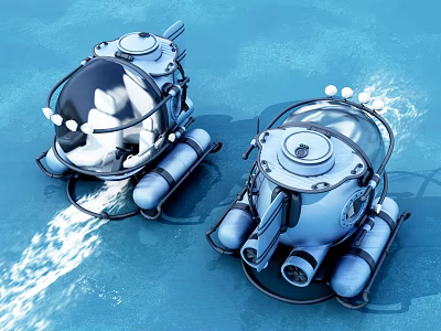 Two Warships With Transparent Domes Navigating Underwater In Blue Water With Bubbles And Reflections 3d model
