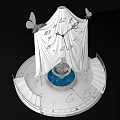 Modern Art Installation With White Fabric Clock Patterns Wing Like Structures Steps And Platform