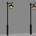 Vintage Style Outdoor Lights with Curved Poles Decorative Lamp Shades Illuminated Against Brick Wall