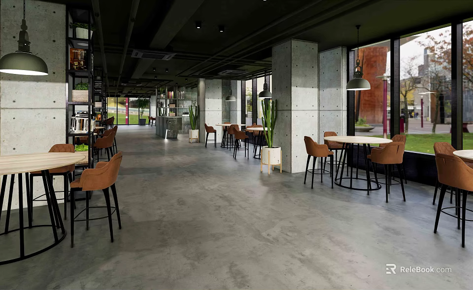 Modern Cafe Interior Design With Wooden Tables Leather Chairs Pendant Lights And Large Windows 3d model 