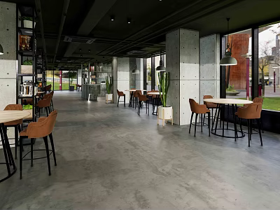 Modern Cafe Interior Design With Wooden Tables Leather Chairs Pendant Lights And Large Windows 3d model