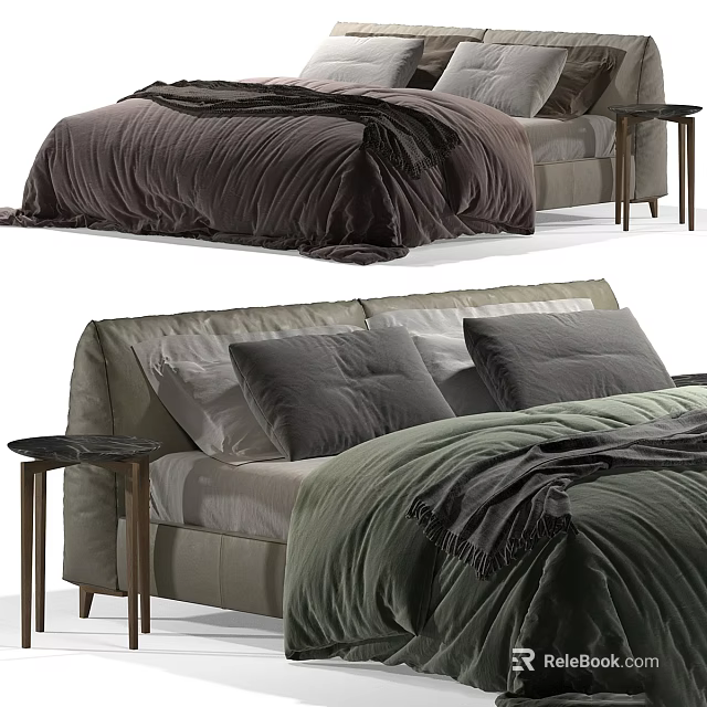 Modern Double Bed With Green Blanket Gray Pillows And Wooden Bedside Table 3d model 
