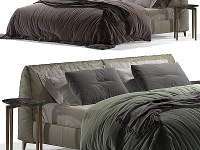 Modern Double Bed With Green Blanket Gray Pillows And Wooden Bedside Table 3d model