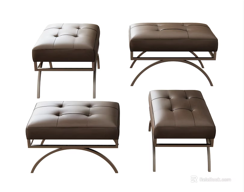 Modern Brown Tufted Leather Sofa Stools With Sleek Metal Legs And Classic Style 3d model 