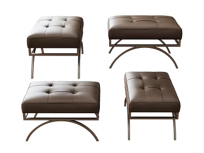 Modern Brown Tufted Leather Sofa Stools With Sleek Metal Legs And Classic Style 3d model