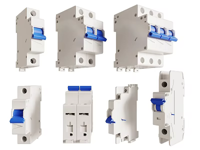 Various Types Of Industrial Circuit Breakers Featuring White Housing Blue Handles And Different Specifications 3d model