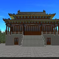 Ancient Chinese Traditional Architecture With Overhanging Eaves Wooden Structure Stone Base Steps And Surrounding Trees