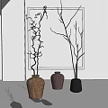 Ceramic Vessels Decorative Vases with Twigs in White Wall Interior Decor Setting 3d model