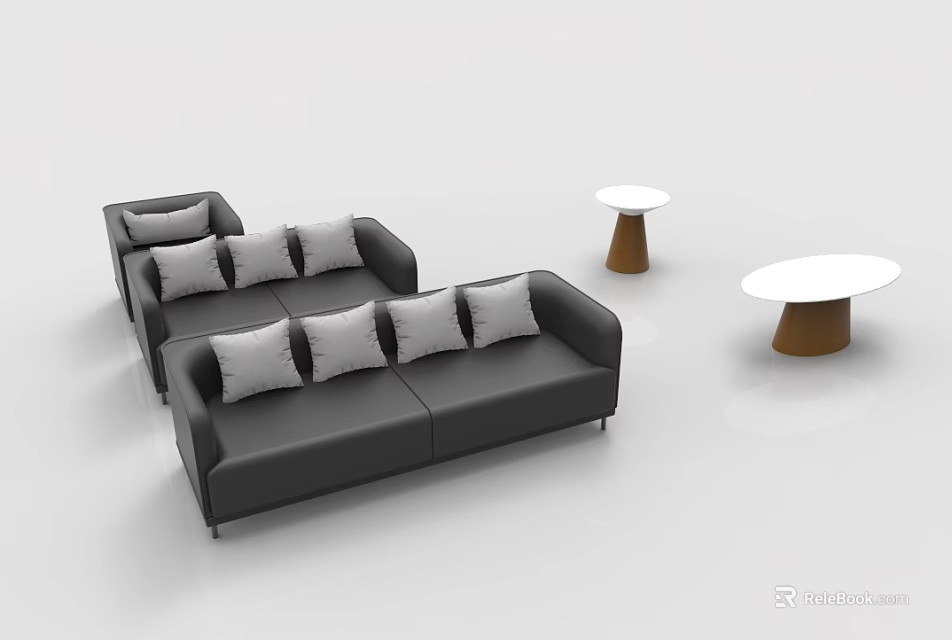 Modern Leather Sofa Set With Multiple Cushions And Round Coffee Tables 3d model