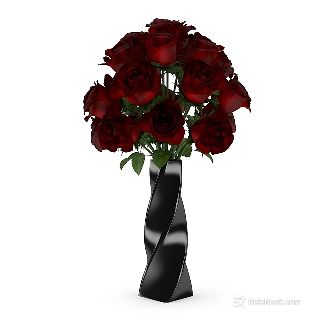 Elegant Red Roses Arrangement in Black Twisted Vase with Green Leaves 3d model 