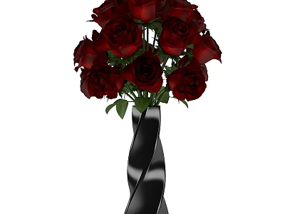 Elegant Red Roses Arrangement in Black Twisted Vase with Green Leaves 3d model