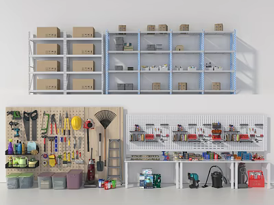 Organized Workshop Storage Shelves with Various Tools Boxes and Equipment 3d model
