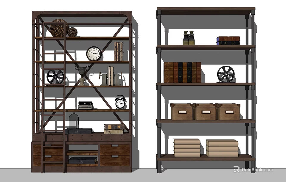 Industrial Style Bookcase Design With Decorative Items Storage Boxes And Books 3d model
