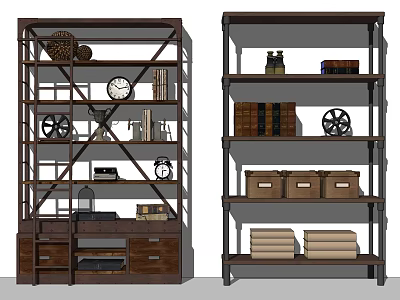 Industrial Style Bookcase Design With Decorative Items Storage Boxes And Books 3d model