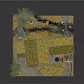 Charming Cartoon Scene With Small Cabin Yellow Roof Pine Tree Gravel Path Stones And Yard