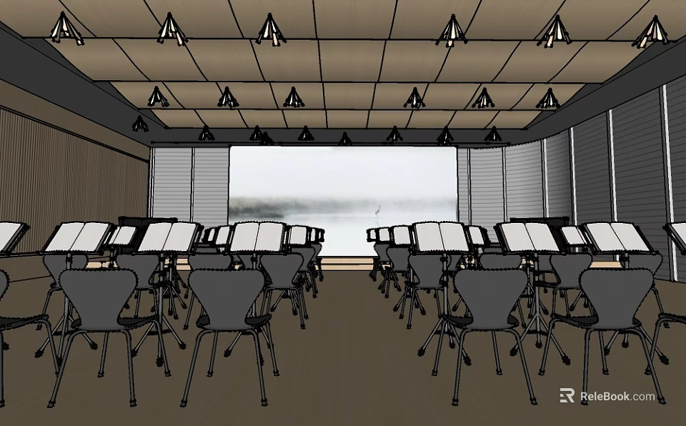 Kindergarten Classroom Interior With Neatly Arranged Tables Chairs Ceiling Lights And Windows 3d model 