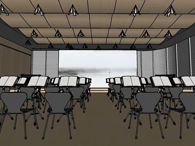 Kindergarten Classroom Interior With Neatly Arranged Tables Chairs Ceiling Lights And Windows 3d model
