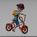 Boy With Red Cap Blue Yellow Striped Shirt Blue Shorts Orange Backpack Riding Red Bicycle