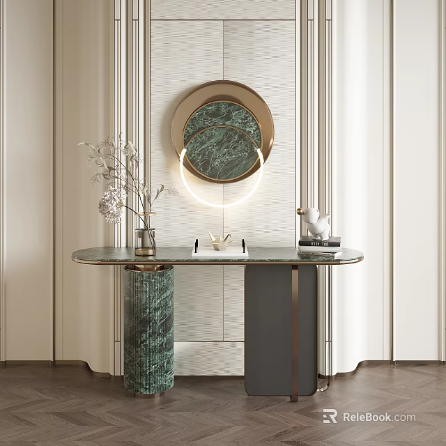 Stylish Console Table with Glass Top Green Marble Base and Circular Mirrors on White Wall 3d model 