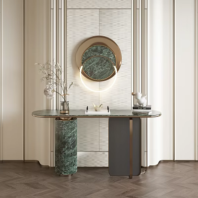 Stylish Console Table with Glass Top Green Marble Base and Circular Mirrors on White Wall 3d model
