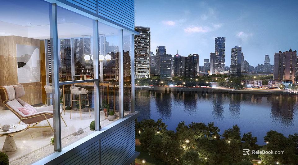 Scenic Urban Night View From Glass Balcony With River And Illuminated Tall Buildings 3d model 