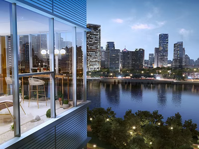 Scenic Urban Night View From Glass Balcony With River And Illuminated Tall Buildings 3d model