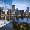 Scenic Urban Night View From Glass Balcony With River And Illuminated Tall Buildings