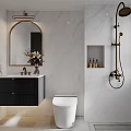 Modern Bathroom Interior With Marble Walls Black Vanity Round Mirror Toilet And Brass Shower Fixture
