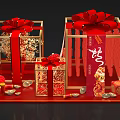 Art Installation Featuring Red Gift Boxes Golden Frames Fu Character And Lanterns 3d model