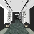 Elevator Hallway Design With Arched Doorway Wooden Structure Metal Grille And Green Marble Flooring