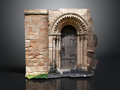 Ancient Stone Doorway with Arched Top and Carved Columns in Medieval Wall 3d model