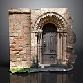 Ancient Stone Doorway with Arched Top and Carved Columns in Medieval Wall