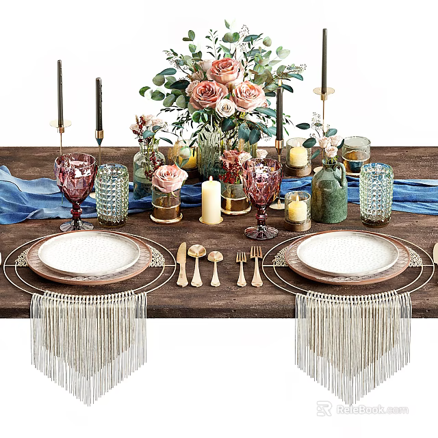 Elegant Dinnerware Set On Dining Table With Plates Utensils Flower Bouquet And Tassel Decorations 3d model 