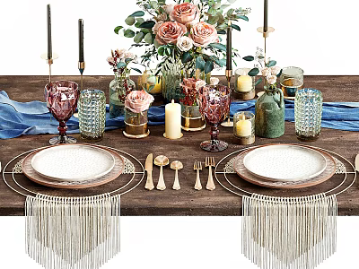 Elegant Dinnerware Set On Dining Table With Plates Utensils Flower Bouquet And Tassel Decorations 3d model
