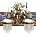 Elegant Dinnerware Set On Dining Table With Plates Utensils Flower Bouquet And Tassel Decorations