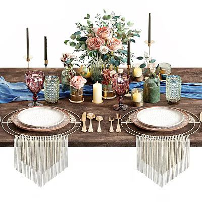Elegant Dinnerware Set On Dining Table With Plates Utensils Flower Bouquet And Tassel Decorations 3d model