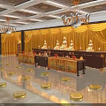 Traditional Buddhist Hall Interior With Yellow Curtains Buddha Statues Altar Tables And Prayer Cushions