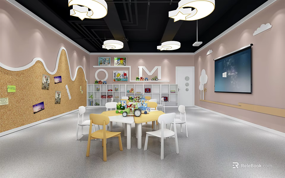 School Classroom With Round Table Chairs Wall Decor Corkboard Large Screen And Shelves 3d model 