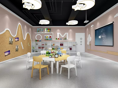 School Classroom With Round Table Chairs Wall Decor Corkboard Large Screen And Shelves 3d model