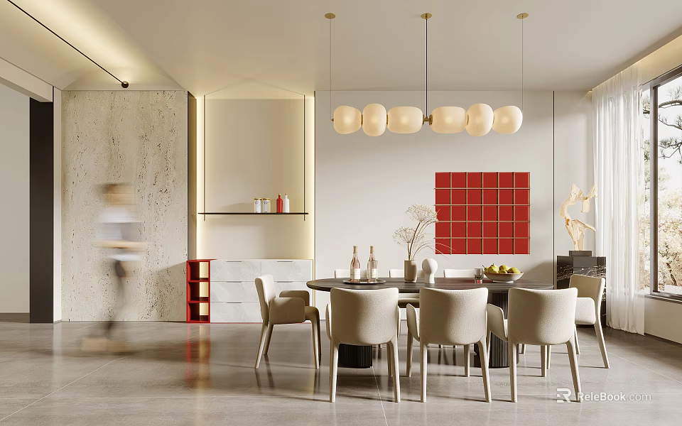 Modern Restaurant Interior With Dining Table Chairs Pendant Lights Red Decorative Wall And White Cabinets 3d model