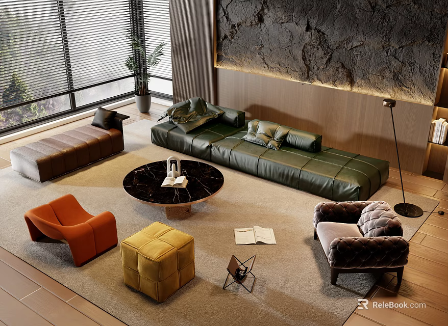 Modern Living Room Interior With Leather Sofa Round Coffee Table Armchairs Ottoman And Stone Wall 3d model 