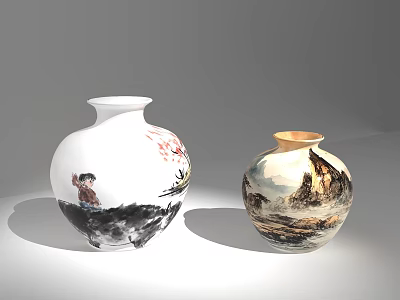 Artistic Hand Painted Ceramic Vases With Landscape And Figure Artwork 3d model