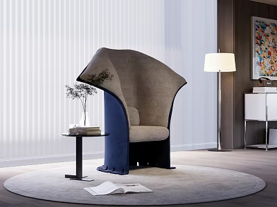 Modern Gray and Blue Accent Chair with Side Table Books Plant and Floor Lamp 3d model