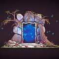 Enchanting Cartoon Scene With Magical Stone Gate Glowing Blue Door Tree Butterflies Stone Steps Flowers